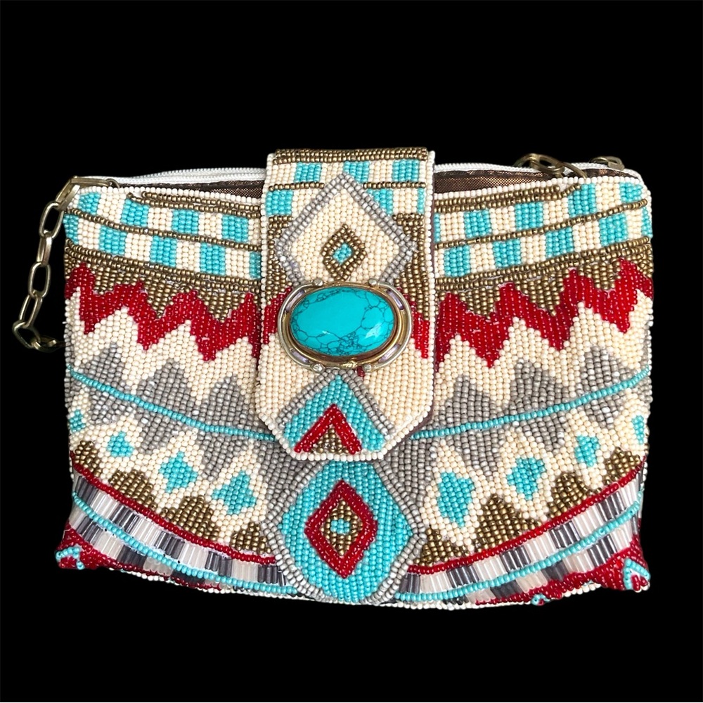 Mary Frances Beaded Turquoise & Red Geo-Pattern Wristlet